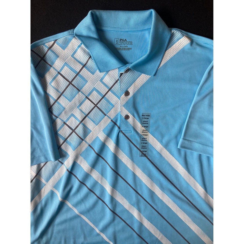 PGA Tour Mens XL Blue Geometric Graphic Performance Short Sleeve Golf Polo Shirt